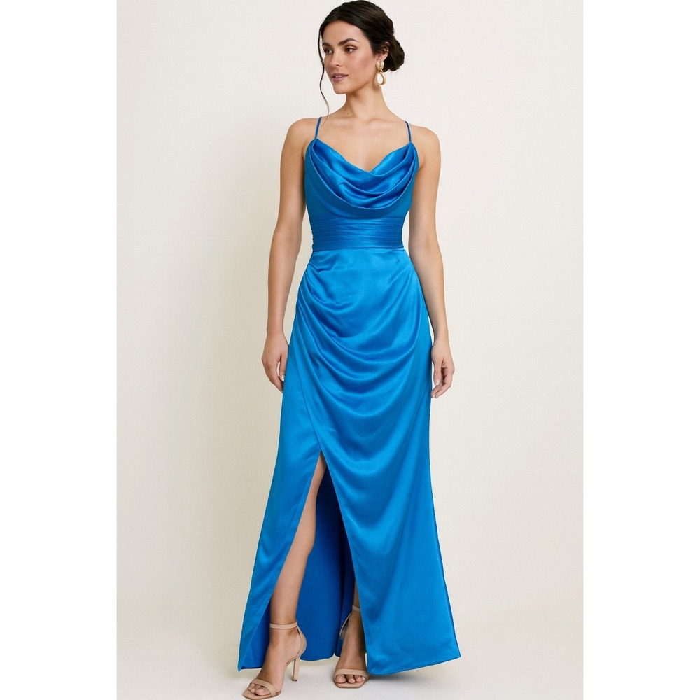 Lavetir Royal Blue Satin Cowl Neck Ruched‎ Waist Evening Gown Size 0-2 Approx